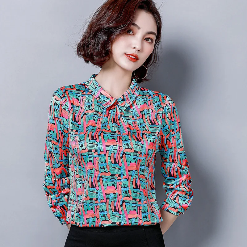 Women\'s Shirt Clothes Spring Summer Printed Silk Turn Down Top Female Long Sleeve Casual Plus Size Office Ladies Blouses H9091