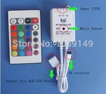 

Music LED controller;24keys;DC12-24V input,max 2A*3channel output,LED IR Controller,rgb music controller,with reomote;CE&RHOS