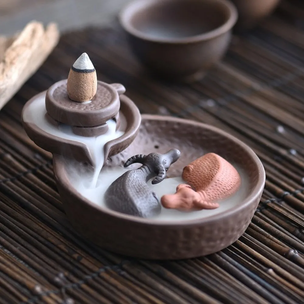 2 Cattles Mill Cone Incense Burner Purple Clay Smoke Back Flow Incense Sticks Holder Lucky Animal Censer for Tower Incense New