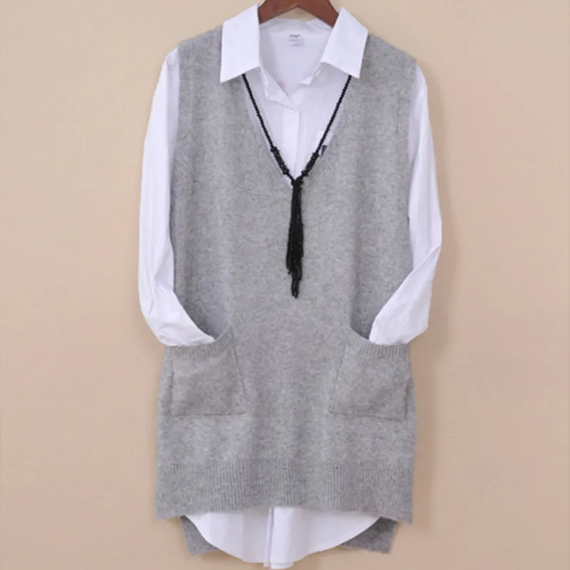 spring autumn pure wool sweater women vest sweater vest pocket female mid-length vest v-nect collar kimono jacket pullo