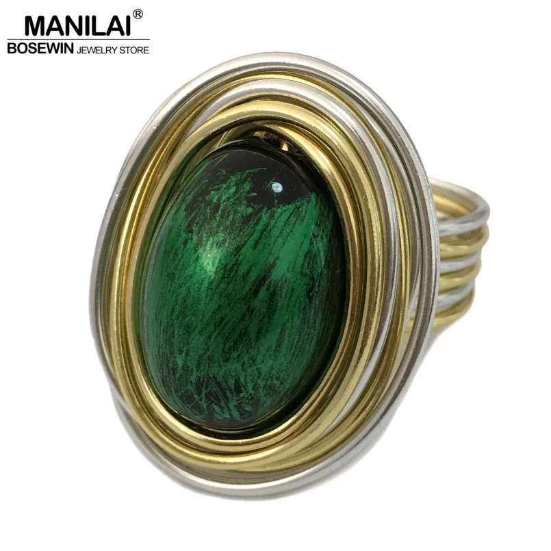 MANILAI Vintage Metal Wire Wrap Green Acrylic Handmade Steampunk Rings For Women Fashion Jewelry Statement Finger Rings Gift