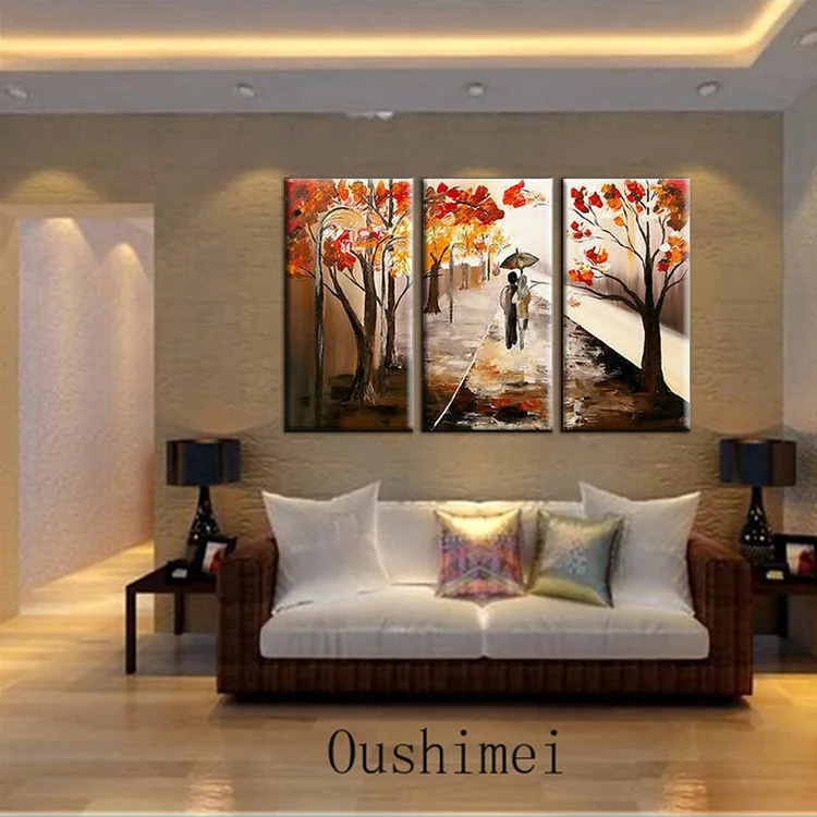 Skilled Artist Hand-painted Group Abstract Paintings Lover Walking On The Autumn Road Oil Painting For Living Room Decoration