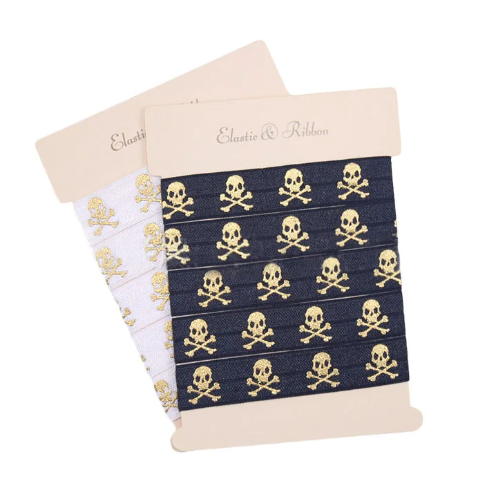 

5/8" gold foil human skeleton skull printed FOE fold over elastic hallowmas Halloween for DIY hair accessory