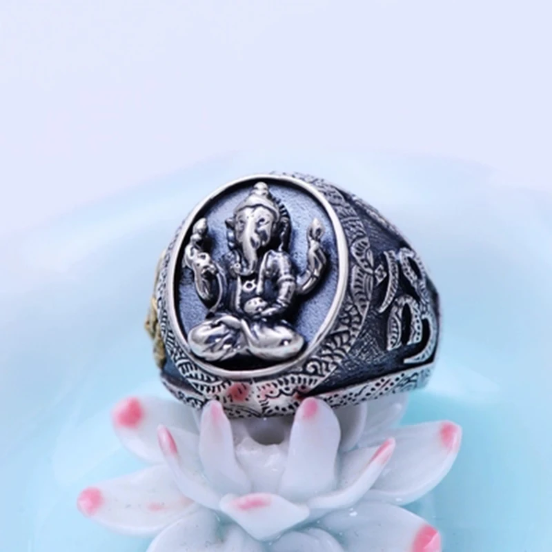 MAYONES  Pure Solid 925 Sterling Silver Elephant Nose Rings For Men Vintage Punk Style Thailand Buddha Gods Ring Men Jewelry