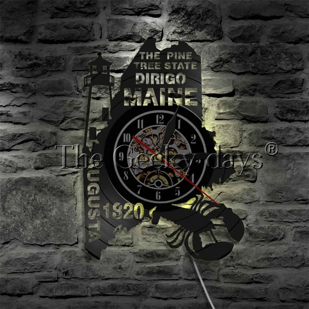 The Pine Tree State Dirigo Maine Wall Clock Vinyl Record Led Night Light Augusta Multi Color Home Decorative Wall Art