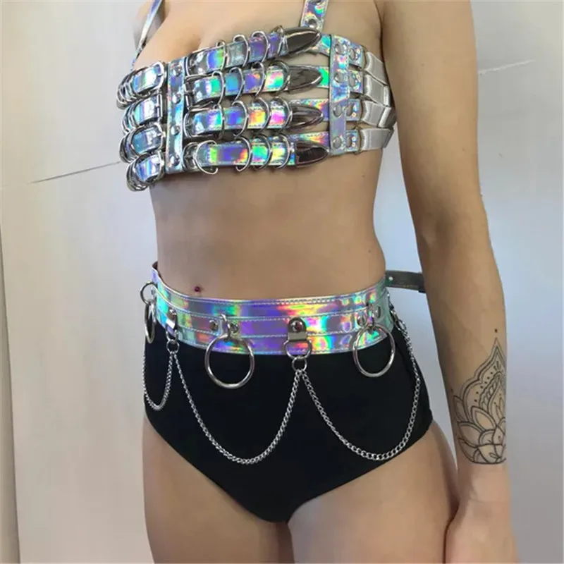 Women Punk Shiny Laser Dazzle Color Leather Waist Belt 2023 Fashion Body Harness O Ring Holographic Sexy Chain Buckles Belts