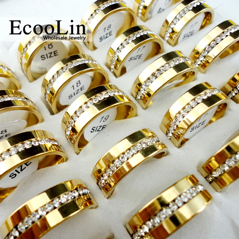 10Pcs Classic Gold Zirconia Stainless Steel Ring For Woman Ladies Jewelry Engagement Wedding Rings Lots LR067
