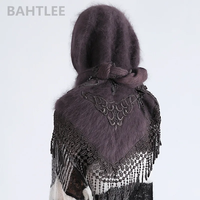 BAHTLEE-Women\'s Turban Hijab Scarf, Angora Rabbit Poncho, Triangular Shawl, Knitted Real Fur Wrap, Cloak Cape, Winter