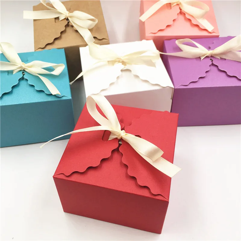 20pcs Kraft Paper Square Candy Box Rustic Wedding Favors Party Gift Boxes with Free Ribbon,DIY Handmade gift packing paper boxes