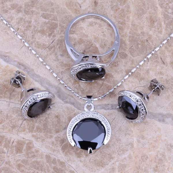 Amazing Black Cubic Zirconia Silver Plated Jewelry Sets Earrings Pendant Ring Size 6 / 7 / 8 / 9 / 10 S0074