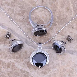 Amazing Black Cubic Zirconia Silver Plated Jewelry Sets Earrings Pendant Ring Size 6 / 7 / 8 / 9 / 10 S0074