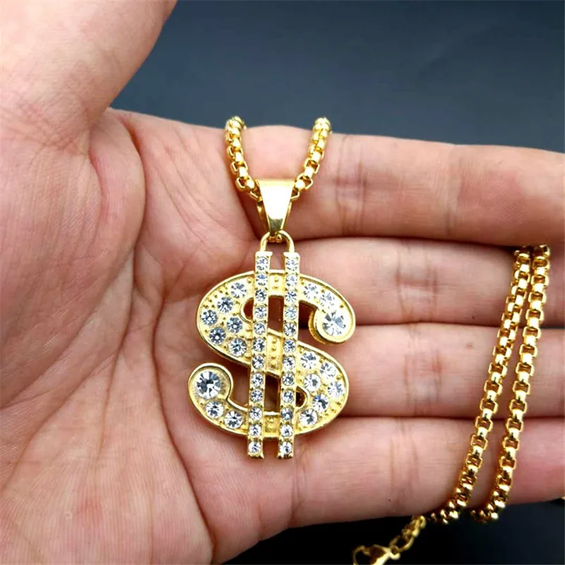 US Dollar Money Necklace Pendant Stainless Steel Gold Color Necklace For Women/Men Iced Out Bling Rhinestones Hip Hop Jewelry