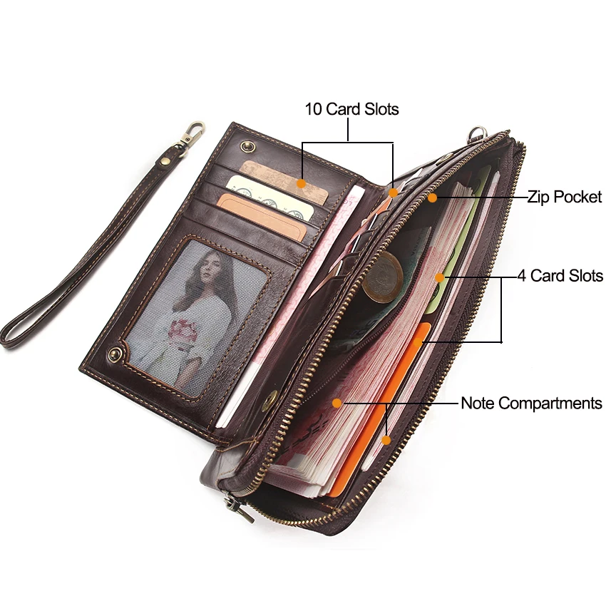CONTACT\'S Wristlet Bag Genuine Leather RFID Cellphone Wallet Men\'s Clutch Wallets Men Credit Card Holder Male Long Purse Zipper
