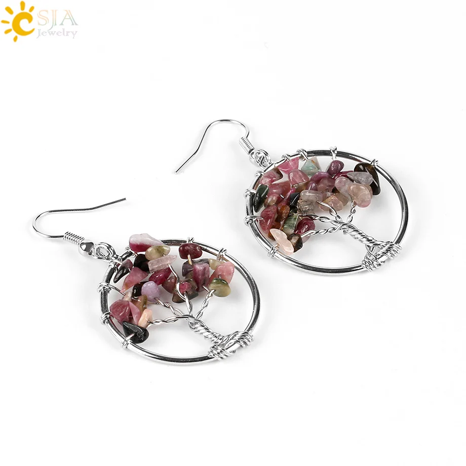 CSJA Tree of Life Women Drop Earrings Round Natural Chip Gem Stone Opal Tiger Eye White Crystal Dangle Hook Earring Jewelry E514