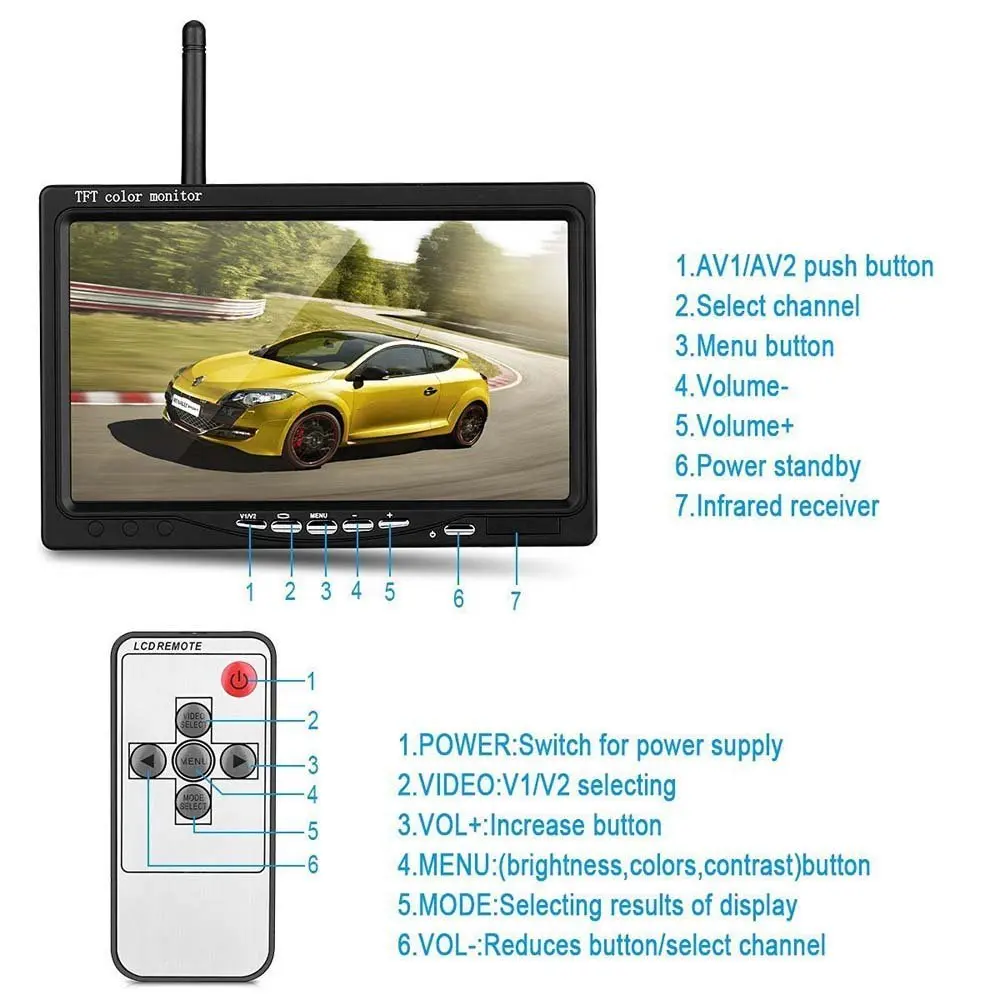 Podofo Wireless Vehicle Car 2 Backup Cameras Monitor, Ir Night Vision Rear View Camera + 7