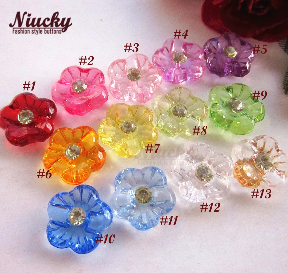 Niucky 13mm / 15mm Colorful Acrylic Flower Buttons Rhinestone Crystal Diy Craft Sewing Deocrative Materials 13 Colors A0304d-003