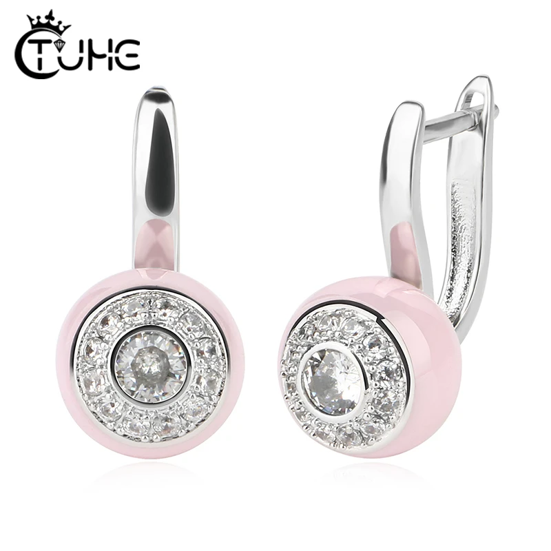 Fashion Simple Round Ceramic Stud Earrings Silver Plated Cubic Zirconia Classic Earrings For Women Party Wedding Jewelry Gift