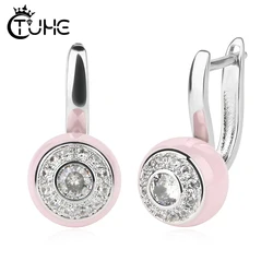 Fashion Simple Round Ceramic Stud Earrings Silver Plated Cubic Zirconia Classic Earrings For Women Party Wedding Jewelry Gift