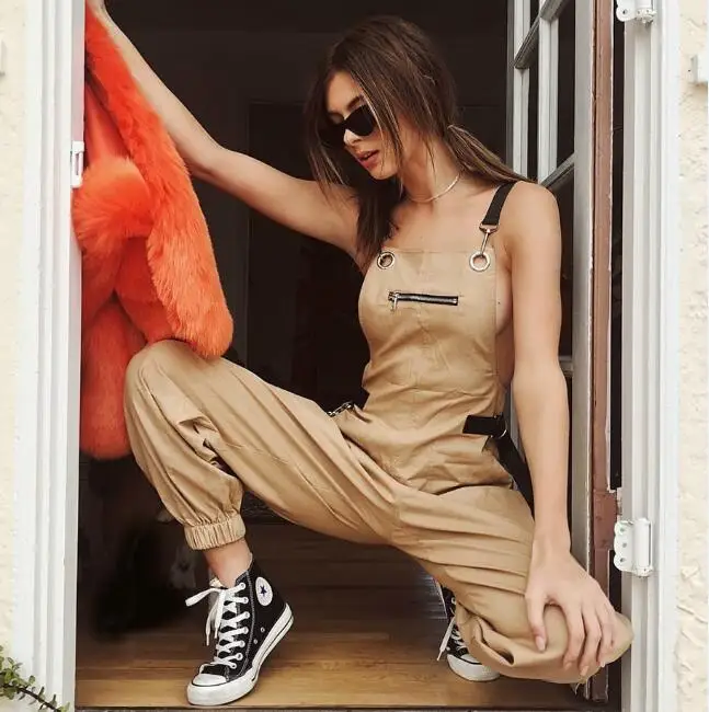 

2019 Sexy Solid Playsuit Metal Belted Cargo Pant Strap Rompers Summer Backless Women Casual Jumpsuit Female Overalls Plus Size