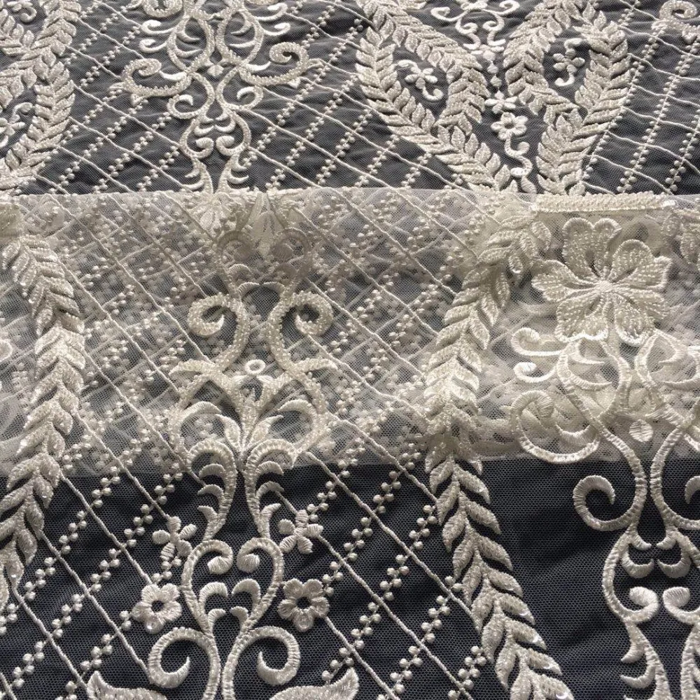 

Off white Embroidery mesh tulLe lace fabric 1/5yards flower pattern beaded african lace fabrics for wedding party dress lace