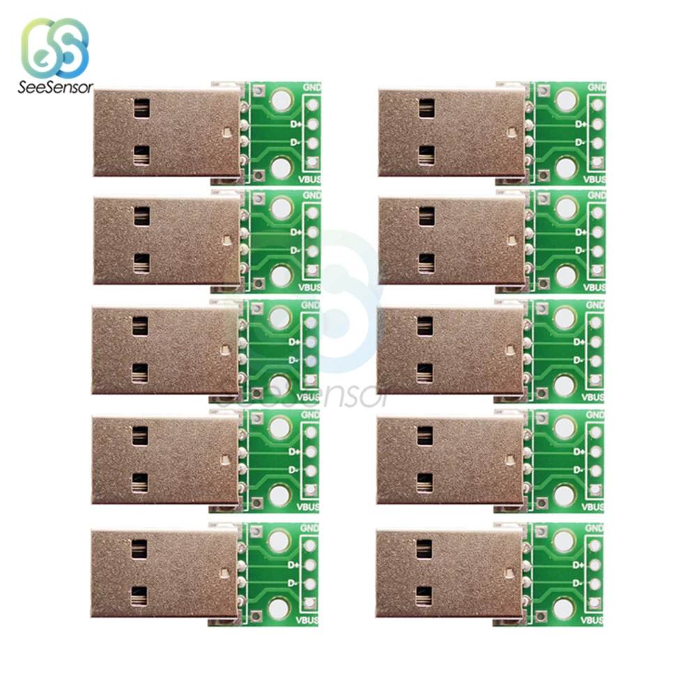 Conector macho adaptador USB a DIP, 10 piezas, 2,54mm, 4 pines, placa PCB, convertidor