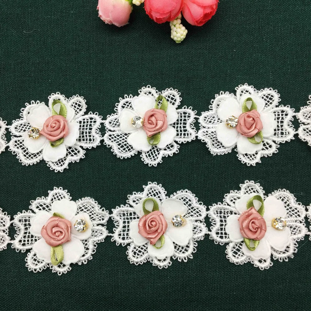 

2 Yards White Diamond Rose Flower Organza Embroidered Lace Trim Ribbon Fabric Handmade DIY Sewing Crafts For Costume Hat Shoes