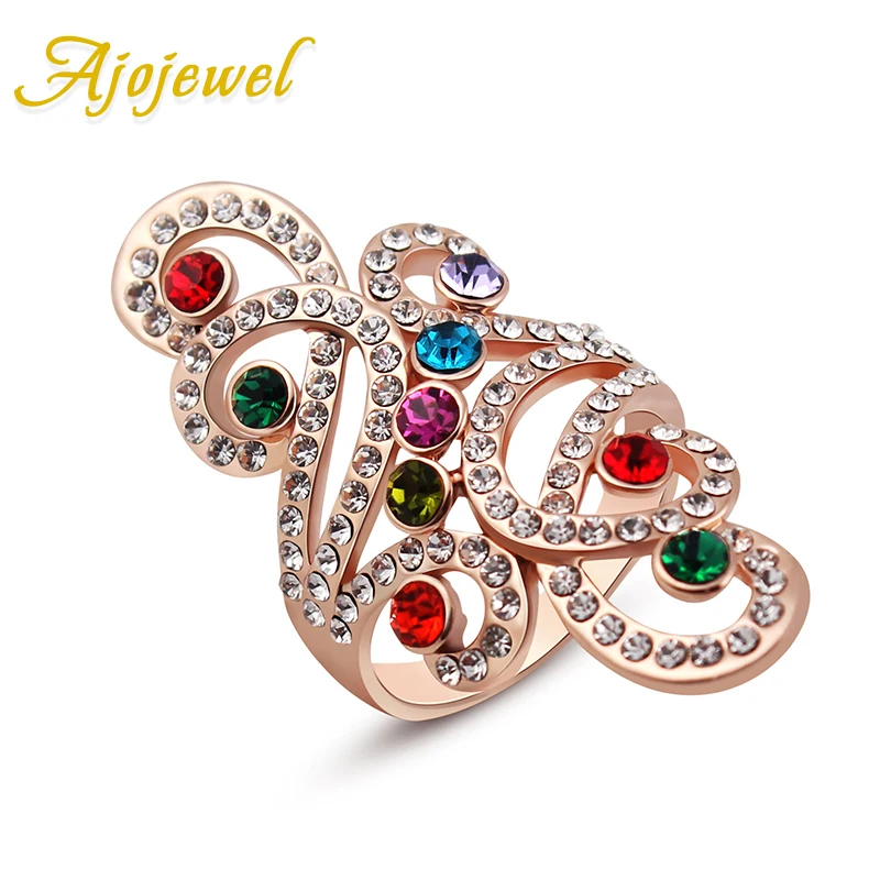 

Ajojewel Bling Multicolor Crystal Ring Big For Women Hollow Out Designer Rhinestone Finger Jewelry Fashion Accessories
