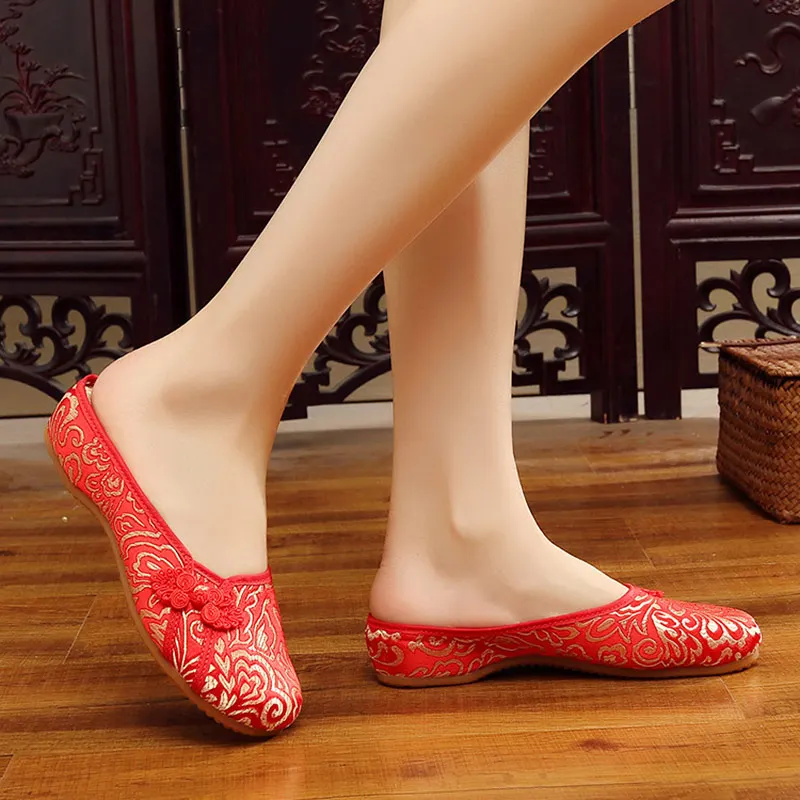Veowalk Summer Women Handmade Silk Cotton Fabric Slippers Vintage Chinese Wedding Red Bridal Shoes Ladies Comfortable Flat Mules