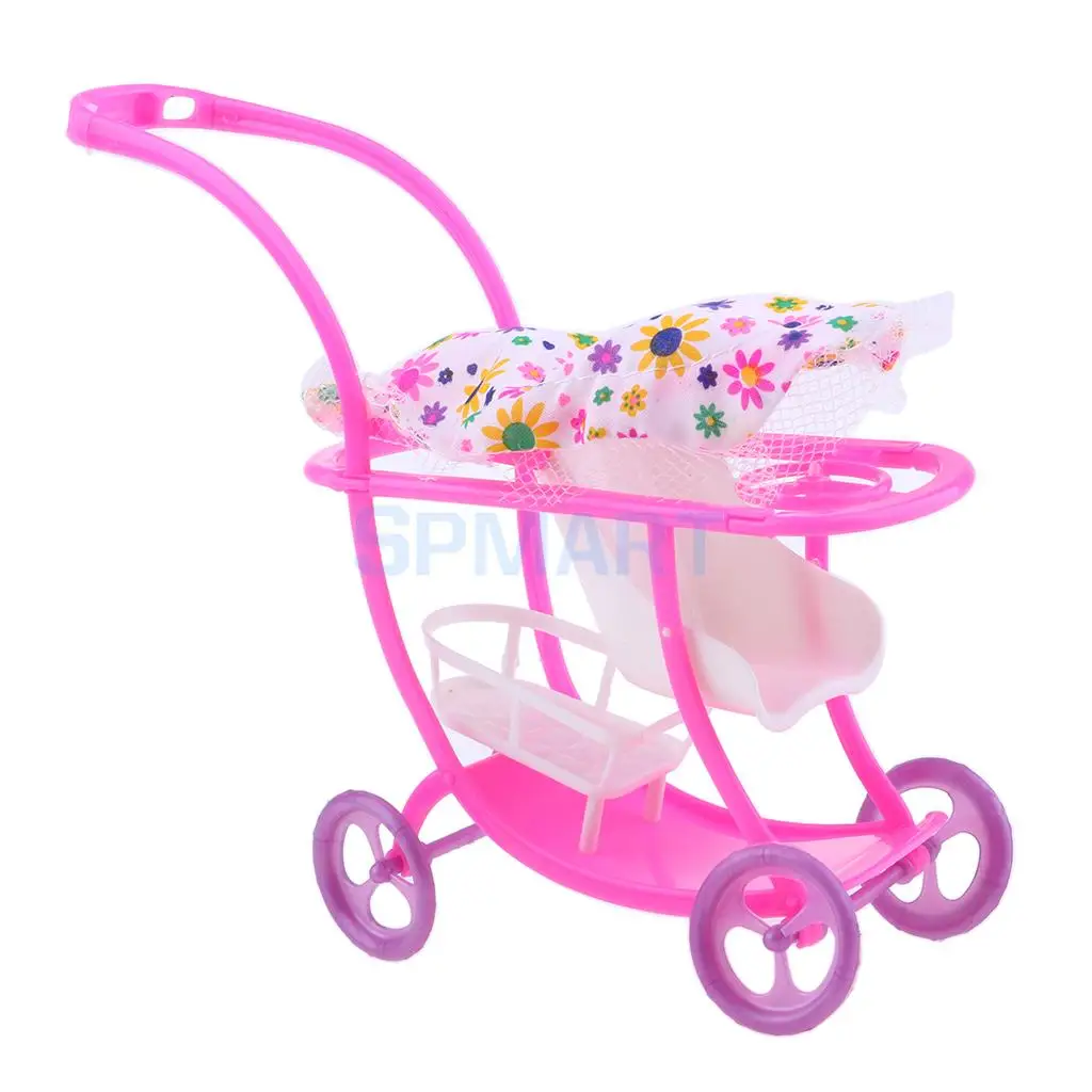 Miniature Baby Doll Stroller Push Car Dolls Trolley Furniture Bedroom Room Item Children Kids Pretend Play Toy Dolls Acc