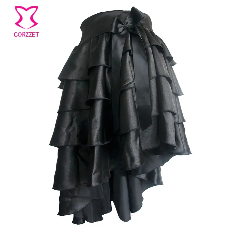 

Black Ruffle Satin Tiered Asymmetical Saia Victorian Women Skirt Retro Steampunk Corset Skirt Sexy Ladies Skirts Gothic Clothing