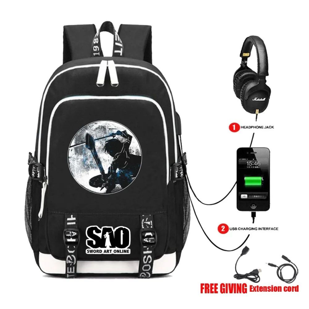 USB Charging Headphone jack teenagers travel bag Laptop shoulder bag student book backpack for anime Sword Art Online Backpack