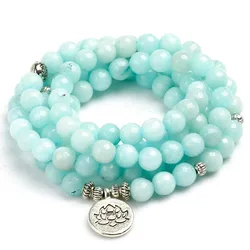 8mm Faced Natural Blue Chalcedony 108 Mala Beads Bracelet Buddhist Om Charm Bracelet For Women Handmade Men Bangle Jewelry Gift