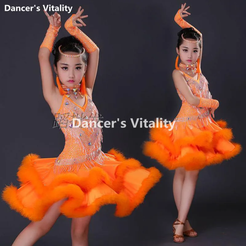 

New Children Feather diamonds Skirt Dance Costumes for Girls Kids Child Sequin Competition Jazz Stage Performance Clothing