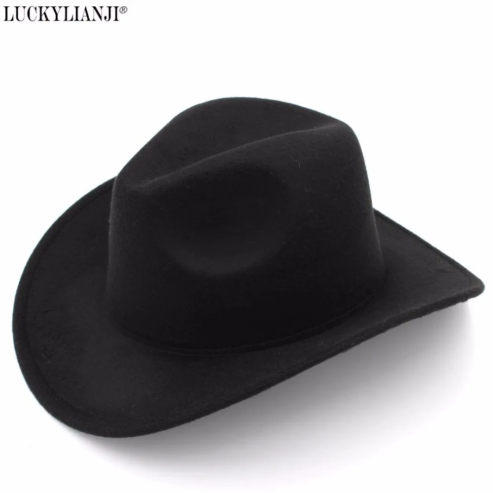 

LUCKYLIANJI Wool Felt Fedora Cowgirl Cowboy Hat Solid Color Western Bull Jazz Sun Chapeau Caps For Men Women (54/57/61cm