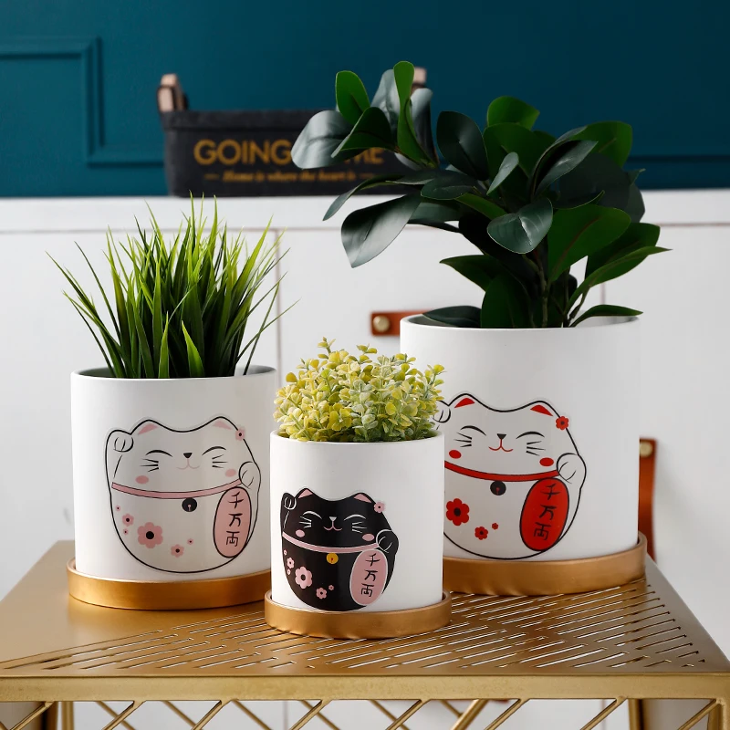 1pc Maneki Neko Ceramic Flowerpot Lucky Cat Planter Pot with Golden Tray Green Plants Pot Home Decor Craft