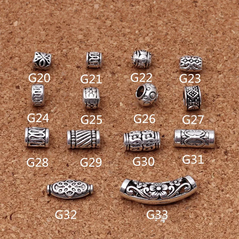 20Pcs/Lot Tibetan Antique Silver Carved Tube Spacer Beads/Metal Loose Bead Charms for Bracelet DIY Jewelry Making Accessories