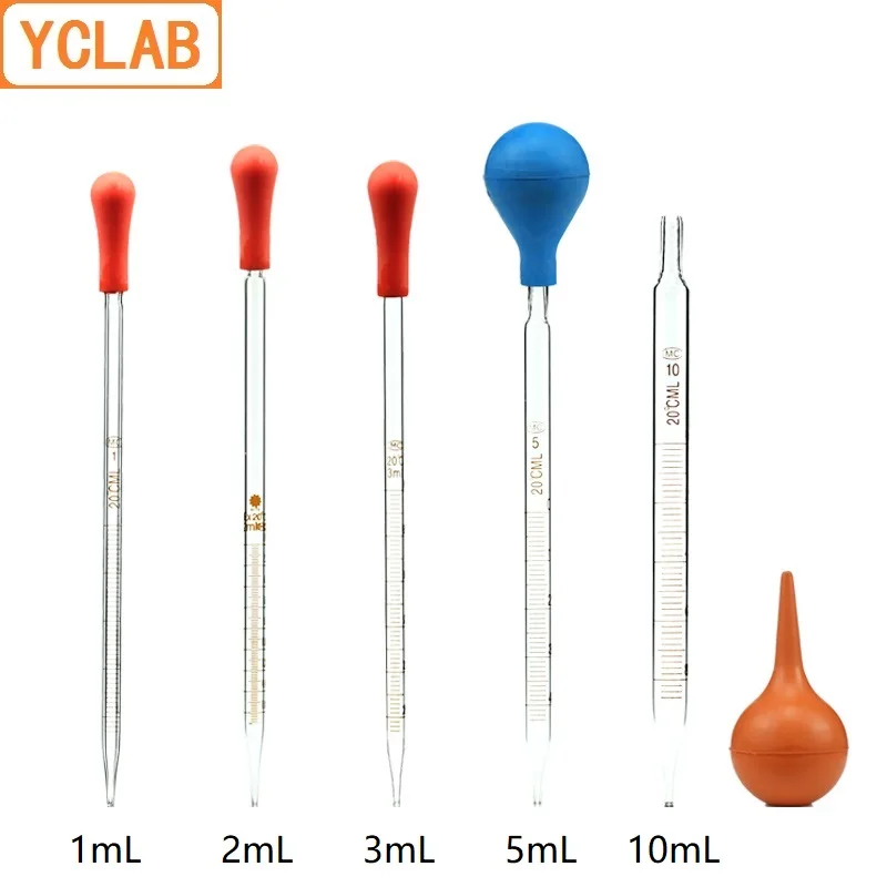 YCLAB 점적 피펫 투명 유리, 눈금 및 라텍스 고무 젖꼭지 화학 실험 에센셜 오일 메이크업, 1 mL, 2 mL, 3 mL, 5 mL, 10mL