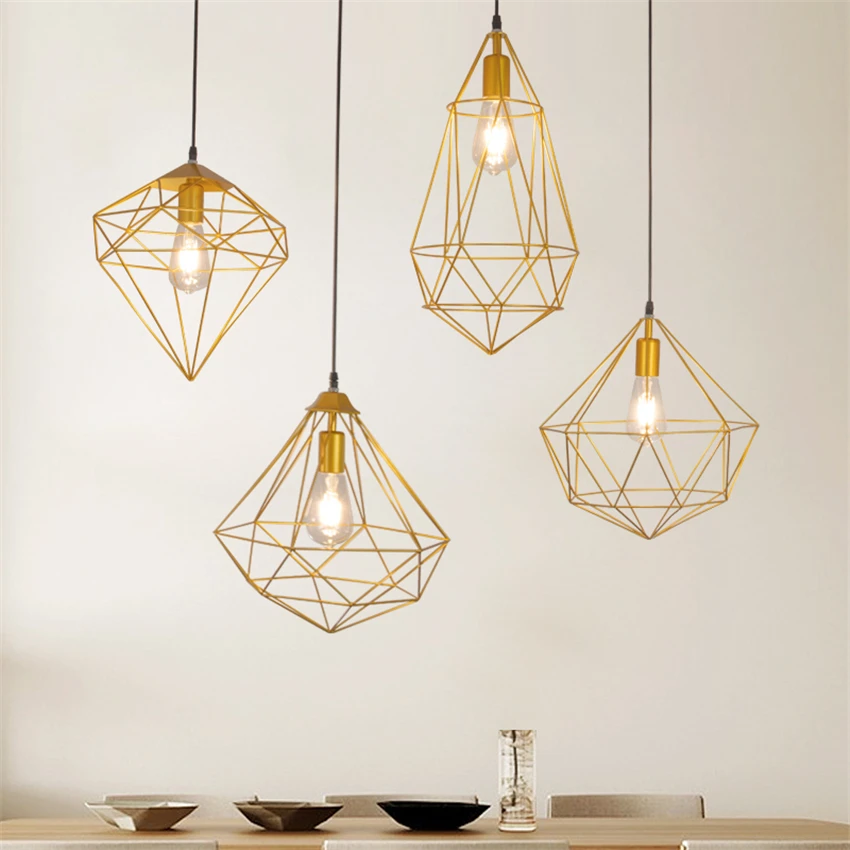 Nordic Diamond Iron Net Pendant Lights Restaurant Table Hanging Bar Window Shop Deco Pendant Lamps E27 Geometric Lines Fixtures