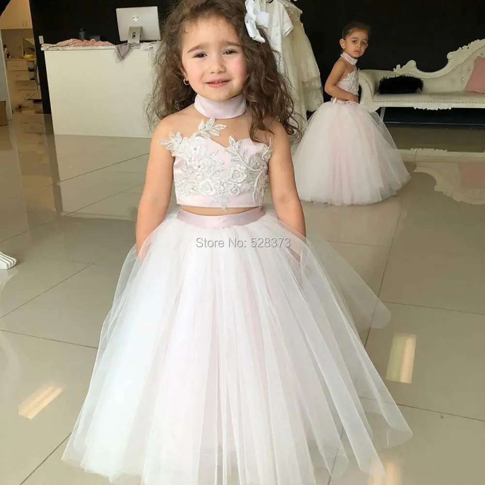 YNQNFS FG17 Real Ball Gown Photo Shoot Pageant Dress Birthday Party Dress Wedding Two Piece White Pink Flower Girl Dresses