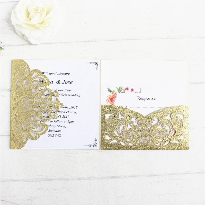 

Gold glitter wedding invitation with RSVP envelop belly band pocket fold invitations wedding decoration supply offer printing