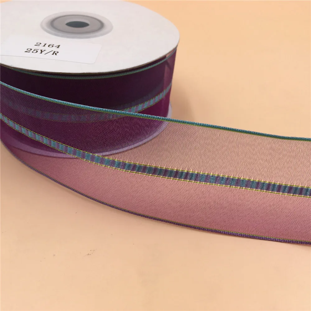 38MM X 25yards Wired purple organza ribbon with tartan in middle gift box packaging wire edged N2164