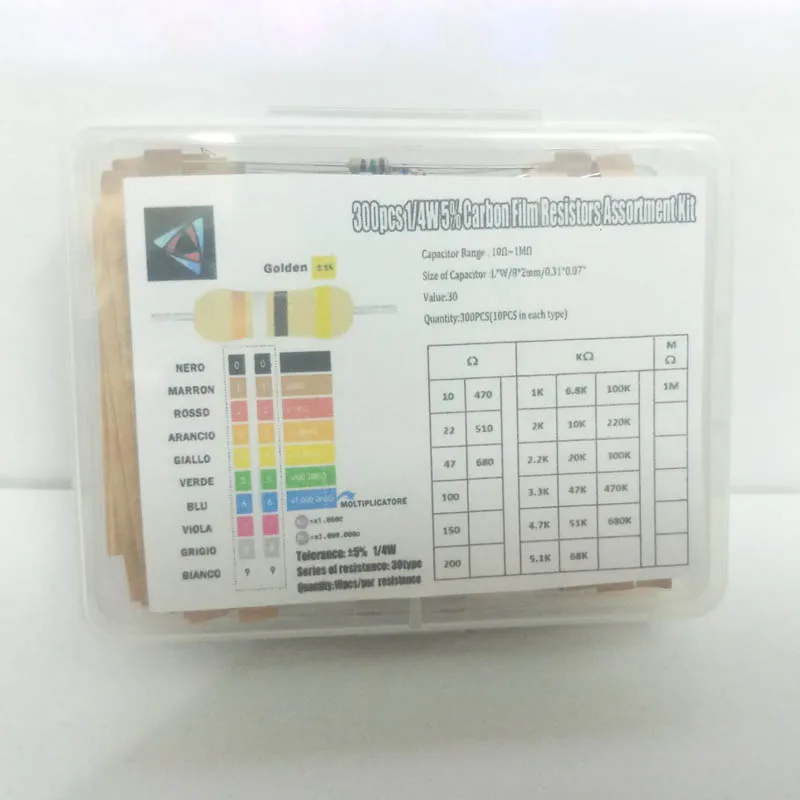 300Pcs 1/4W 5% 10 Ohm ~1M Resistors Assorted Kit Set 30 Kinds Each Value Carbon Film Pack BOX