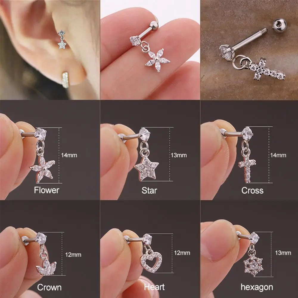 Crystal Ear Tragus Ear Cartilage Piercing Earring Heart Star Cross Dangle Piercing Earring Stainless Steel Helix Cartilage Studs