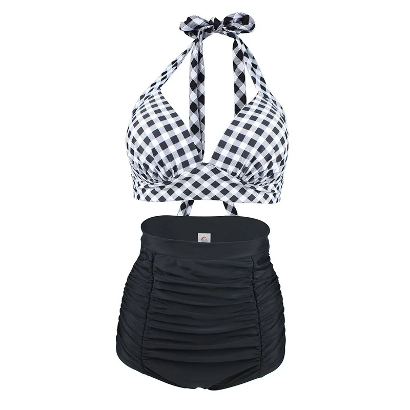 2018 wysokiej talii strój kąpielowy Plus rozmiar stroje kąpielowe Retro 50s Vintage karnawał kraty klasyczne Bikini Sete stroje kąpielowe strój