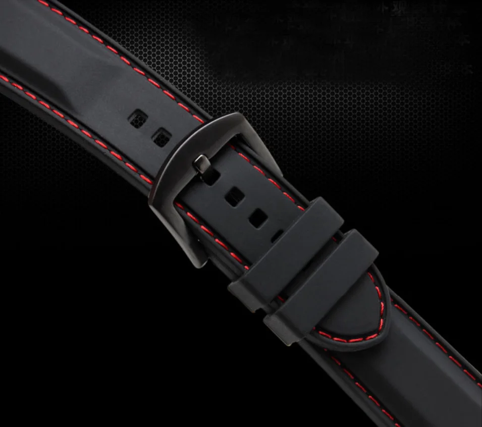 Watch band 18mm 20mm 22mm 24mm  Black Silicon Rubber Waterproof Divers Watch Strap Band Red Thread Size Free Shipping watchband