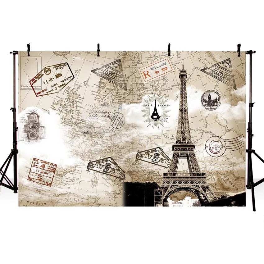 Photography Backdrops 3d Around World Travel Plane Map Pyramid Eiffel Tower Taj Mahal Custom Photo Studio Background Lv1878