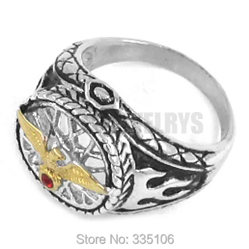 Gold Eagle Scout Ring  Stainless Steel Jewelry Fashion Red Stone Flame Biker Mens Ring Wholesale SWR0250A