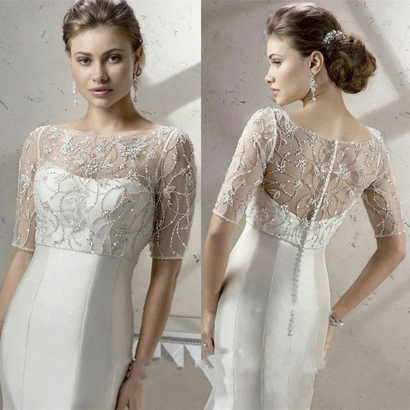 Luxury New Lace Top Wraps Beads Scoop Neck Wedding Jacket Accessories Shawl White Ivory 1/2 Sleeves Custom Made Bridal Jackets