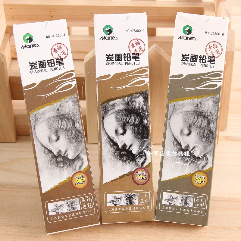 Maries Wood Charcoal pencil 6 pencils/lot soft/neutral/ hard  sketch painting artist drawing art supply professional quality image 2