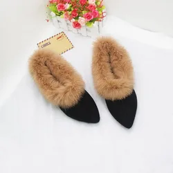 2020 Autumn And Winter Flat-bottomed Pointed Rabbit Fur Shoes Plus Velvet Warm Cotton Shoes Small Size 31-32-33 Large Size 41-43